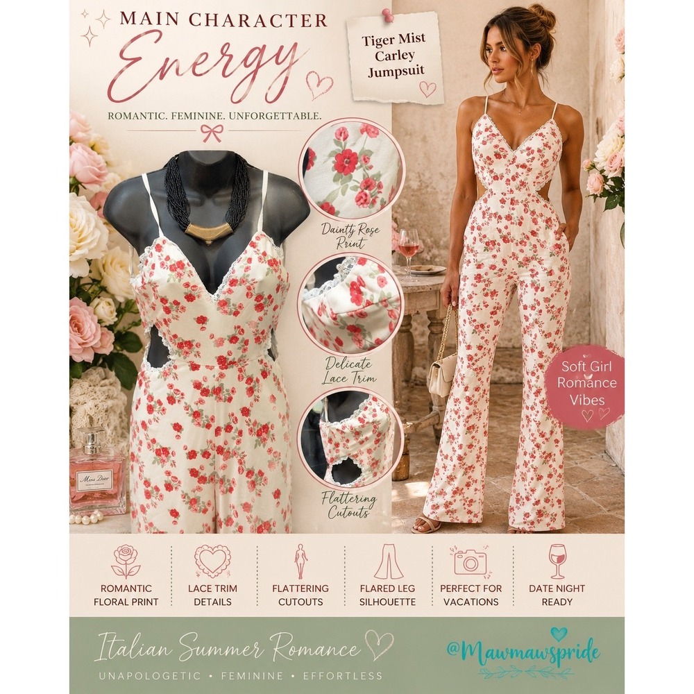 Tiger Mist Carley Jumpsuit Floral Lace Trim Cutout Flared Leg White Red XS S